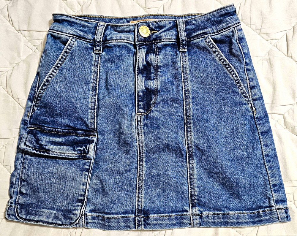 KUT from the Kloth Zoe Cargo Denim Mini Skirt Blue Acid Wash Utility Sz 00 Y2K